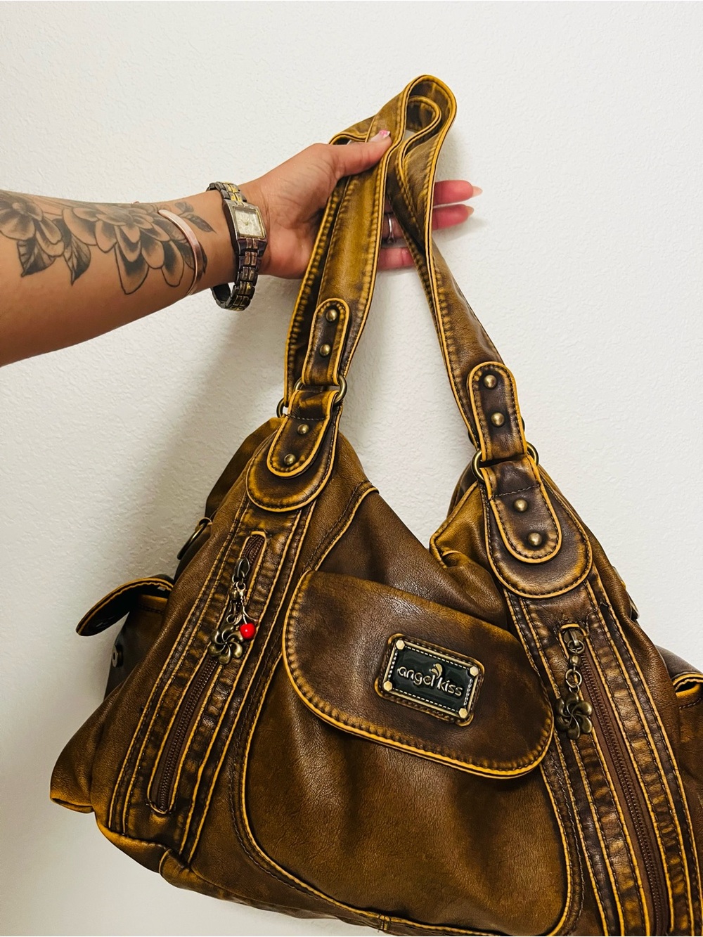 Angel Kiss Distressed Tan-Brown Shoulder Bag